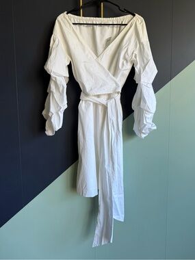 Club Monaco Rowlen Cotton Poplin Wrap Dress w/ Ruffled Sleeves, Sz 2, White